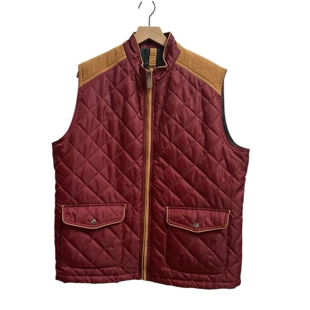 Alan Flusser Mens Quilted Full Zip Vest English Style Maroon Corduroy Trim Sz XL - Picture 1 of 9